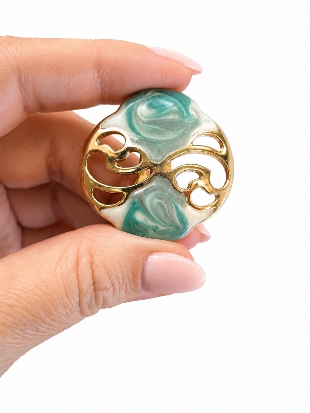 Vintage Gold Tone Teal Creme Enamel Swirl Clip On Earrings Statement Round - Picture 3 of 6